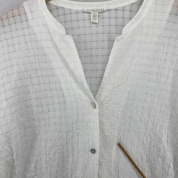 EILEEN FISHER Top 1X Organic Cotton Box Voile Boxy Button Up Short Sleeve White - Picture 12 of 13